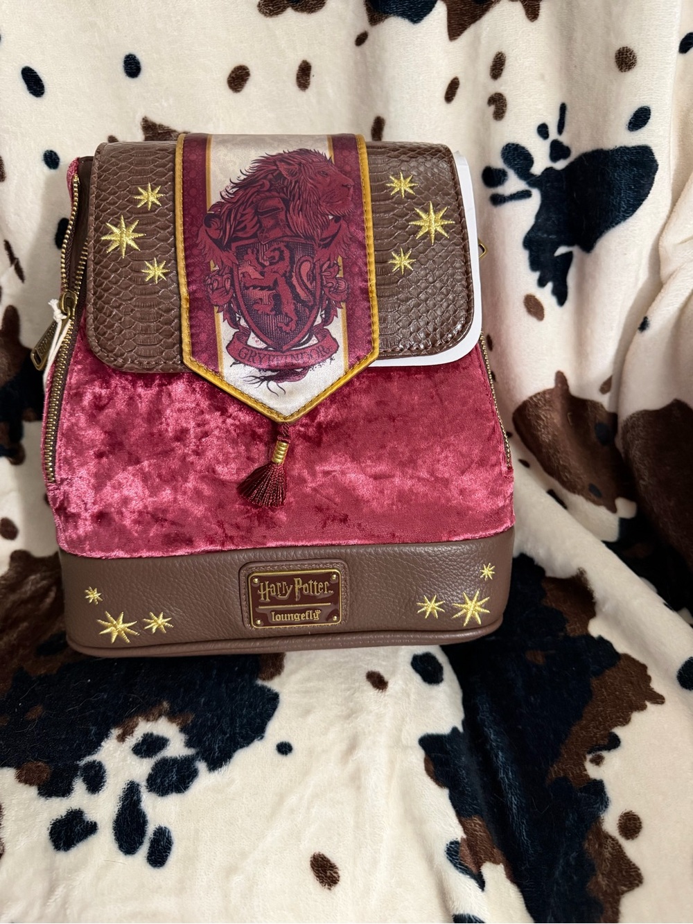 Warner Bros. Gryffindor Velvet & Faux Leather Backpack in Burgundy and Brown